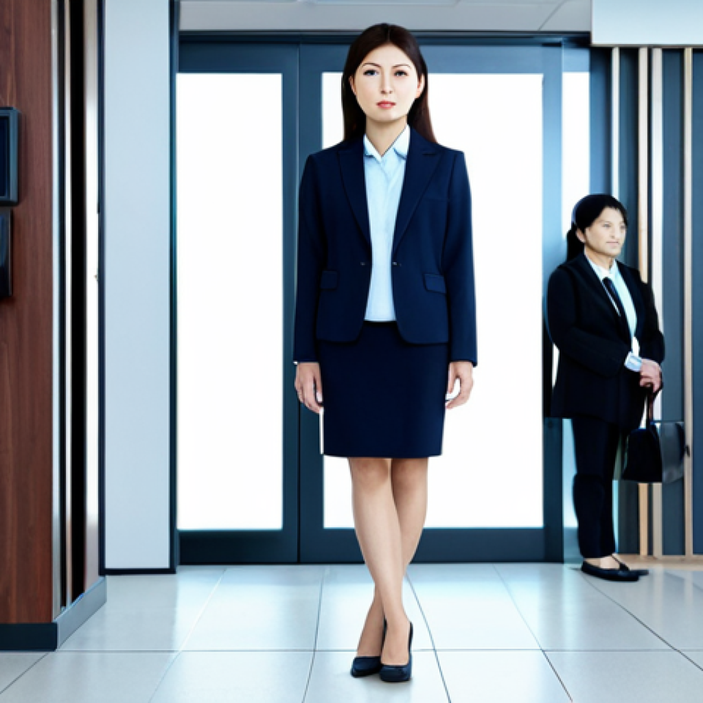 **Prompt:** "Modern Japanese woman in professional business attire, standing in a high-tech office lobby with biometric security scanners. Fully clothed, appropriate content, safe for work, perfect anatomy, natural pose, professional, modest, family-friendly, high quality."