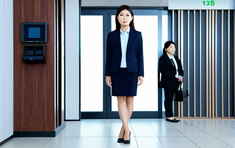 **Prompt:** "Modern Japanese woman in professional business attire, standing in a high-tech office lobby with biometric security scanners. Fully clothed, appropriate content, safe for work, perfect anatomy, natural pose, professional, modest, family-friendly, high quality."