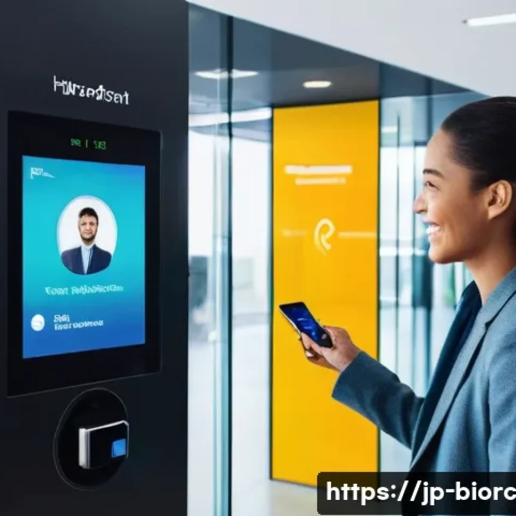 생체인식 시스템 운영을 위한 필수 도구 - **Prompt:** A vibrant, modern office environment during a bustling morning. A diverse group of young...