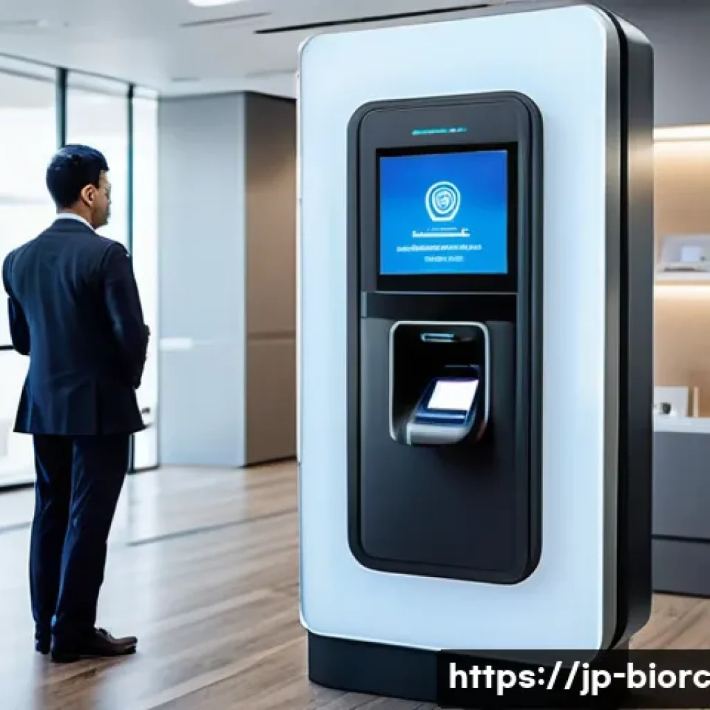 다중 생체인식 시스템의 장단점 - A modern office entrance featuring a multi-factor biometric authentication system combining fingerpr...