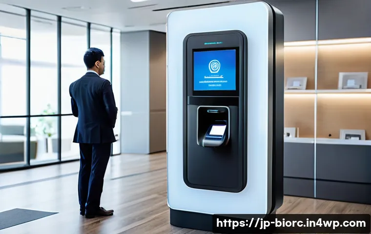 다중 생체인식 시스템의 장단점 - A modern office entrance featuring a multi-factor biometric authentication system combining fingerpr...