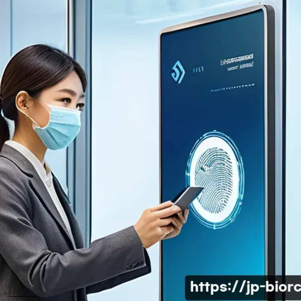 생체인식 기술과 개인정보 보호법 - A modern Japanese office scene showing diverse employees using biometric authentication devices: a y...