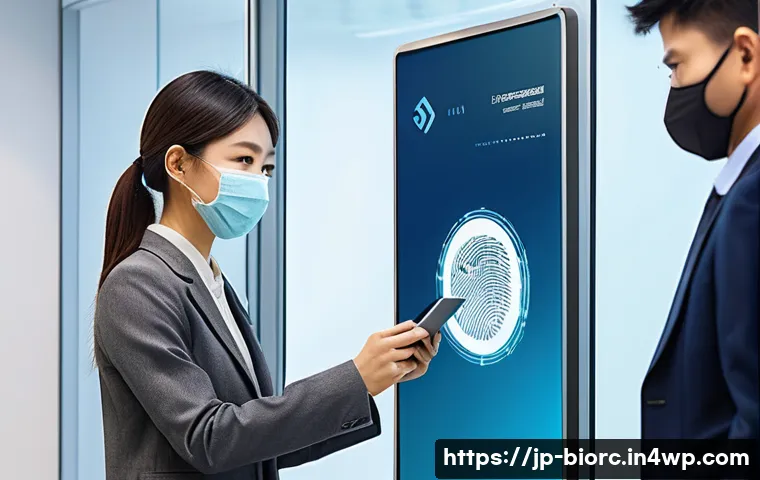 생체인식 기술과 개인정보 보호법 - A modern Japanese office scene showing diverse employees using biometric authentication devices: a y...