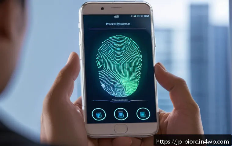 생체인식 시스템의 탐지 및 대응 체계 - A futuristic high-tech biometric authentication scene showing diverse biometric methods: fingerprint...