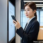 기술 발전이 생체인식 보안에 미치는 영향 - A modern Japanese office scene featuring a young professional woman using a smartphone with dual bio...
