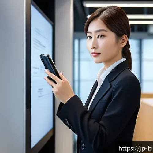 기술 발전이 생체인식 보안에 미치는 영향 - A modern Japanese office scene featuring a young professional woman using a smartphone with dual bio...