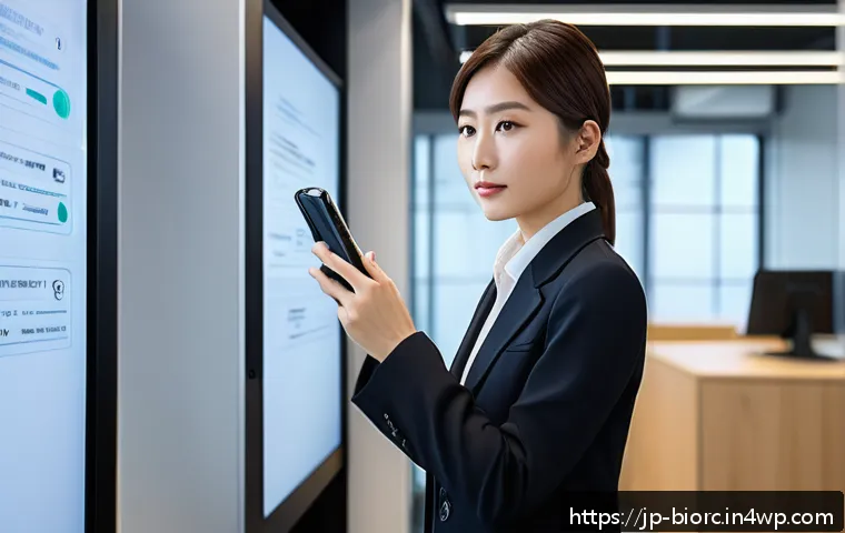기술 발전이 생체인식 보안에 미치는 영향 - A modern Japanese office scene featuring a young professional woman using a smartphone with dual bio...