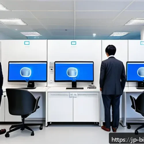생체인식 시스템의 경영적 관점 - A modern Japanese office environment with diverse employees using biometric authentication devices: ...