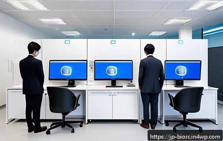 생체인식 시스템의 경영적 관점 - A modern Japanese office environment with diverse employees using biometric authentication devices: ...