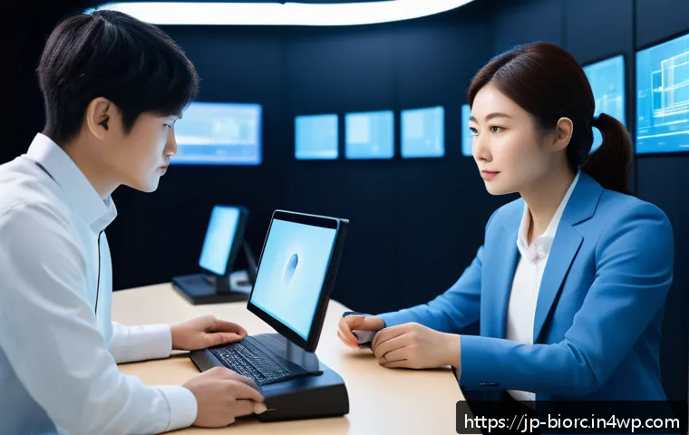 생체인식 보안 시스템의 성능 평가 방법 - A futuristic biometric authentication lab scene featuring a diverse group of Japanese professionals ...