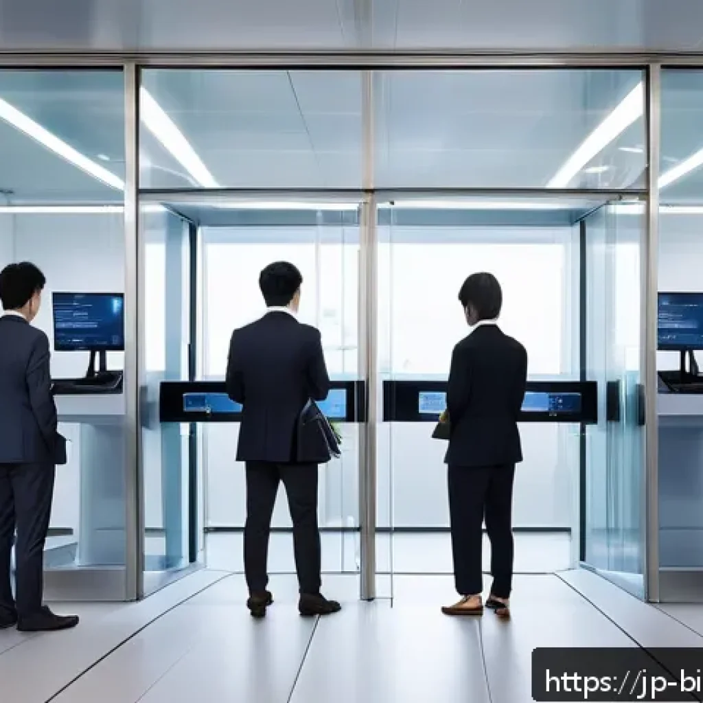 생체인식 기술의 혁신적 발전 방향 - A modern Japanese office entrance featuring a diverse group of employees using biometric authenticat...