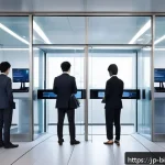 생체인식 기술의 혁신적 발전 방향 - A modern Japanese office entrance featuring a diverse group of employees using biometric authenticat...