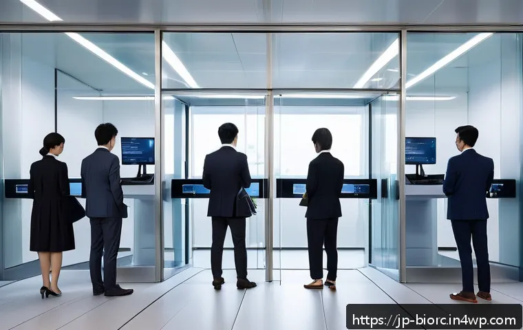 생체인식 기술의 혁신적 발전 방향 - A modern Japanese office entrance featuring a diverse group of employees using biometric authenticat...