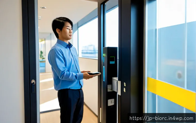생체인식 시스템 도입의 경제적 이점 - Photorealistic modern Japanese office entrance, an employee using a contactless facial recognition a...