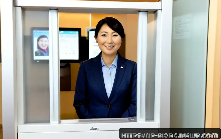 생체인식 기술에 대한 소비자 신뢰 구축 - Photorealistic modern Japanese bank branch, a friendly middle-aged Japanese woman confidently using ...
